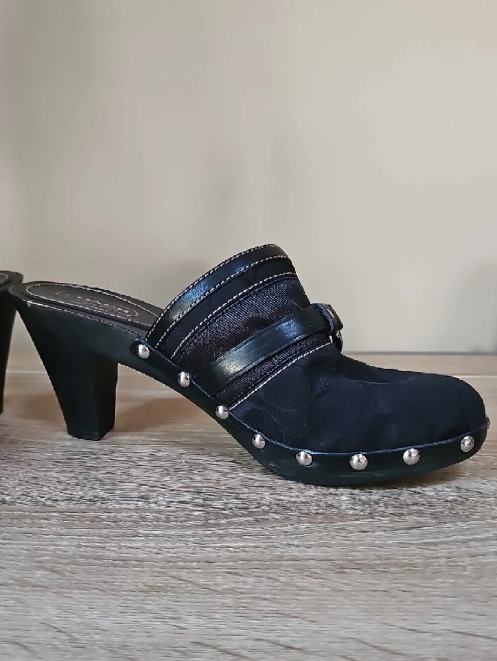 Coach Sutton Black Signature Logo Clog Mules with Silver Hardware